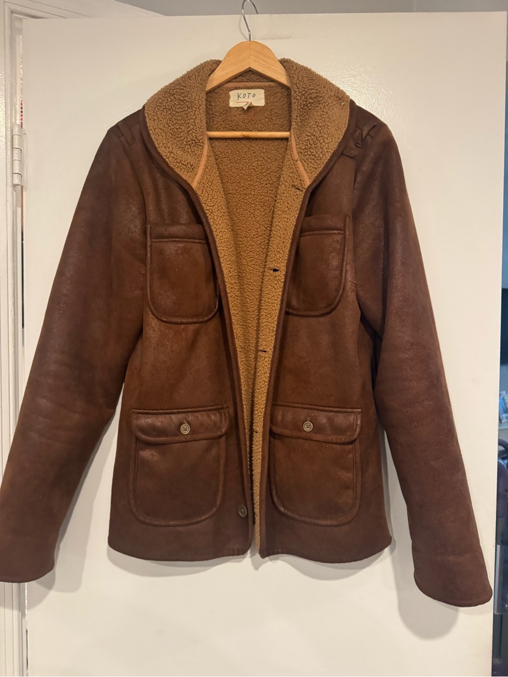 KOTO Brown Faux Suede Shearling Lined Jacket 4 Pocket S/P Petite